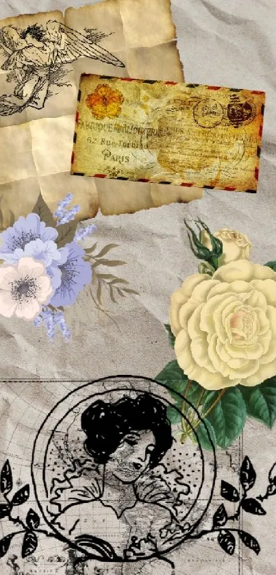 Vintage floral art wallpaper with antique paper design.