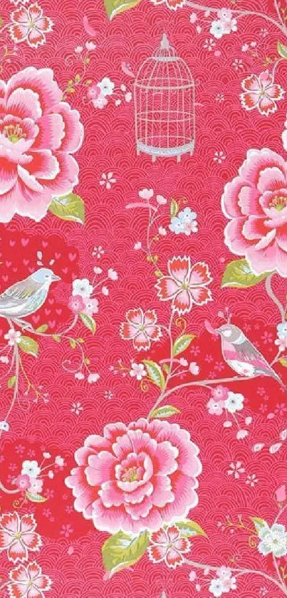 Vintage floral wallpaper with pink flowers and birds on a red background.