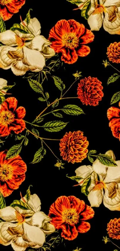 Vintage floral wallpaper with orange and cream flowers on a black background.