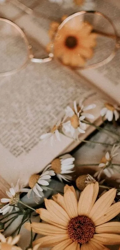 Vintage floral wallpaper with daisies and books.