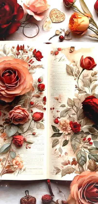 Open book with elegant roses and vintage floral design in soft, warm hues.