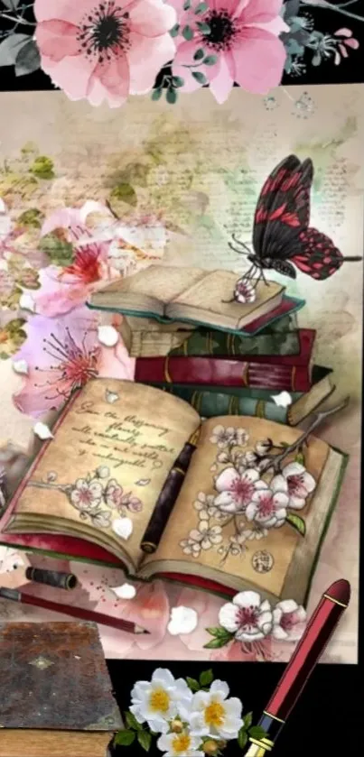 Vintage books and floral art wallpaper with butterfly accents.