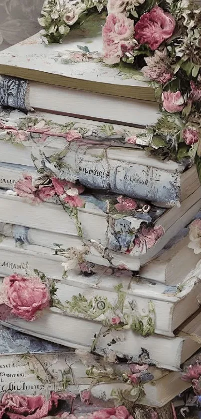 Vintage stack of books with pastel flowers.