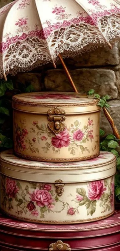 Vintage floral boxes under a lace umbrella.