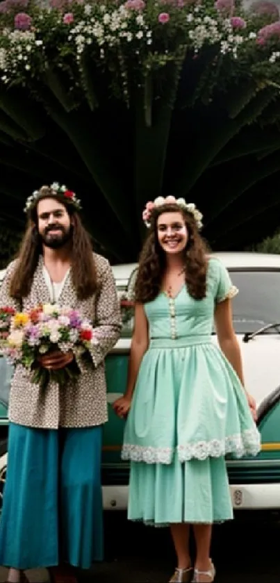 Vintage car with floral decor and individuals in elegant attire.