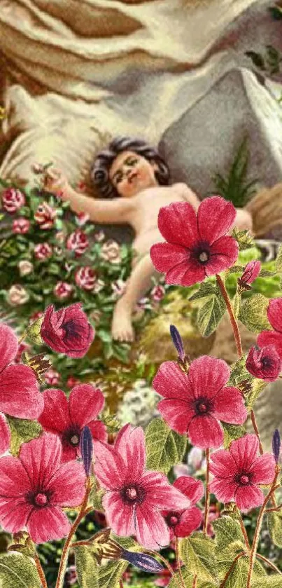 Vintage cherub with vibrant red flowers