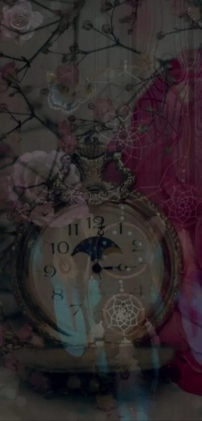 A vintage clock with floral and dreamcatcher designs in muted colors on a wallpaper.