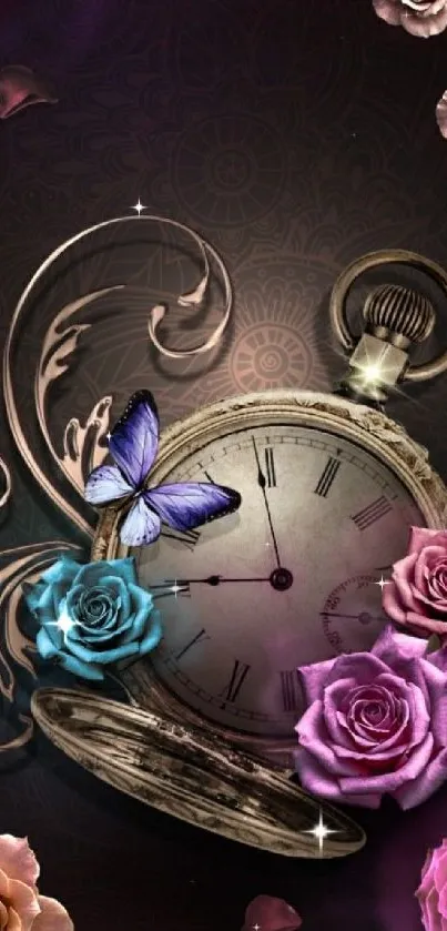 Vintage clock with roses and butterfly wallpaper.