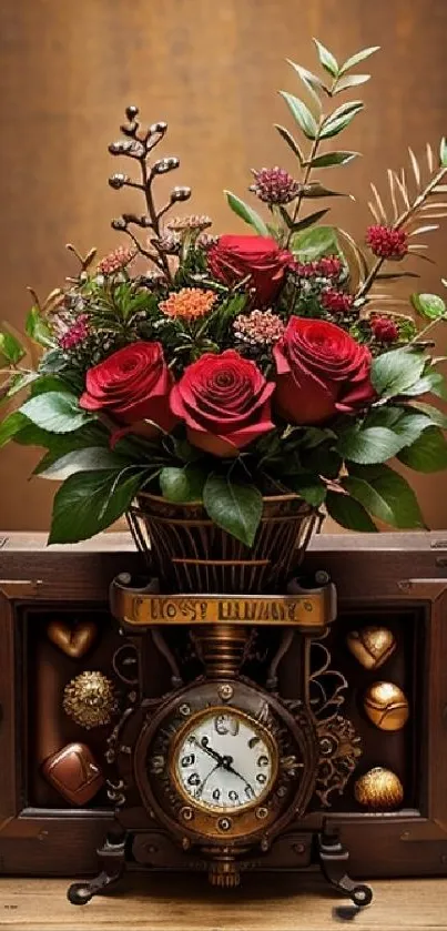 A elegant bouquet with roses on a vintage steampunk clock base.