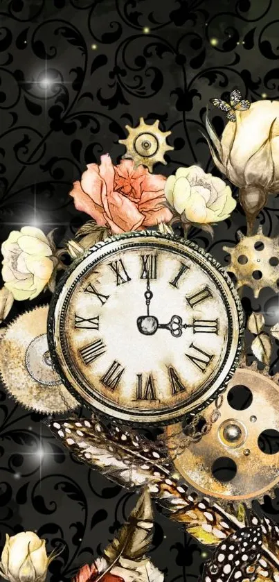 Vintage clock wallpaper with floral and gear elements.