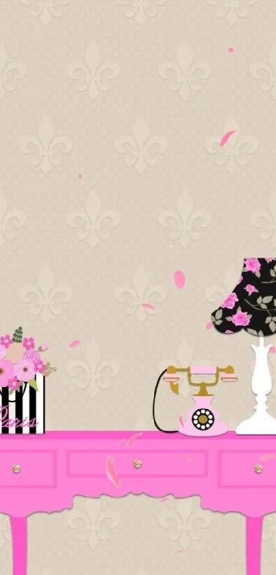 Vintage floral wallpaper with pink desk and classic decor.