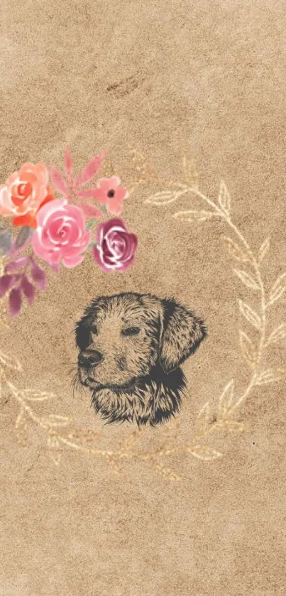 Vintage mobile wallpaper with dog and floral wreath.