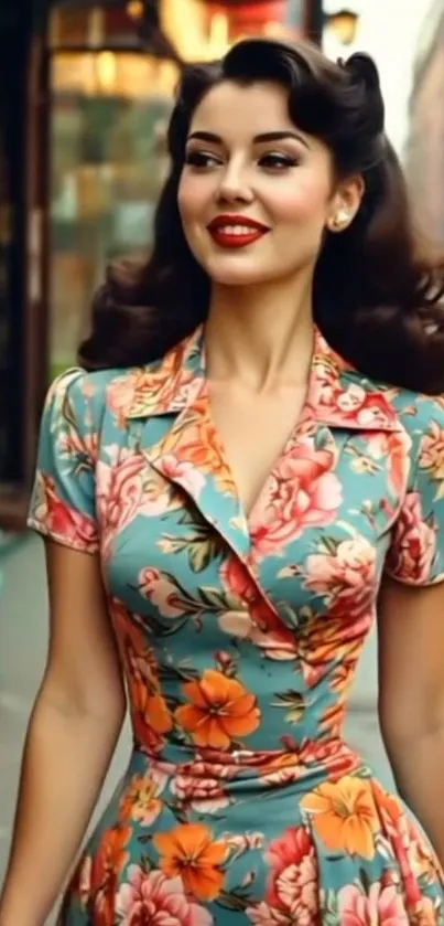 Woman in vintage floral dress walking in city.