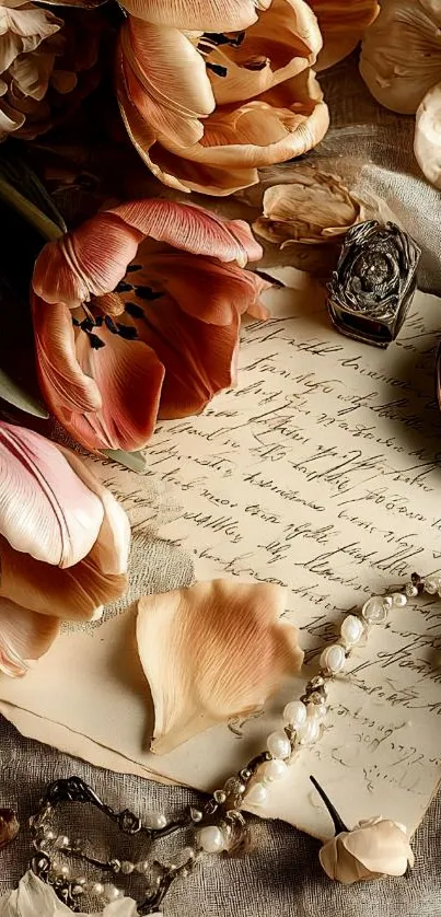 Vintage floral wallpaper with letters and clock.