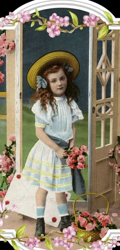 Vintage wallpaper of a girl with flowers.