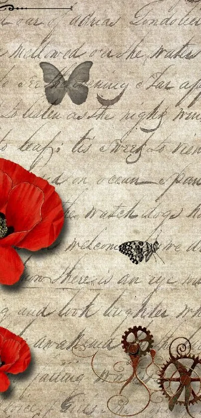 Vintage wallpaper with red poppies and antique key on script background.