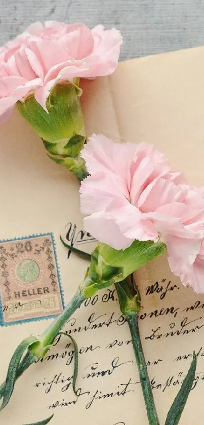 Vintage floral wallpaper with pink carnations and old letters.