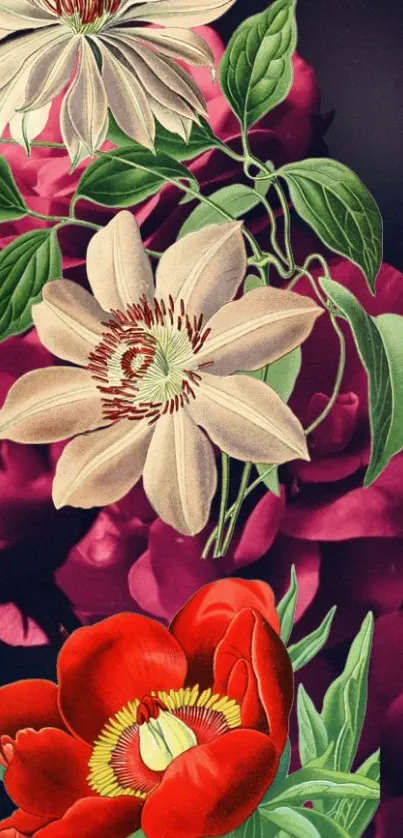 Vintage floral wallpaper with red and pink flowers on a dark background.