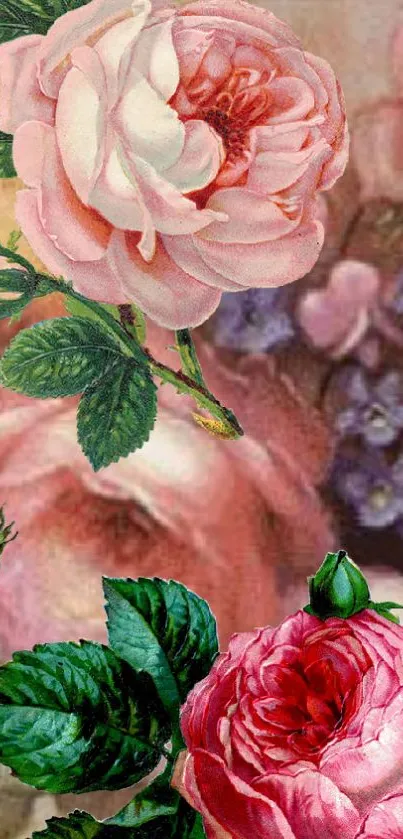 Vintage floral wallpaper with pink roses and green leaves.