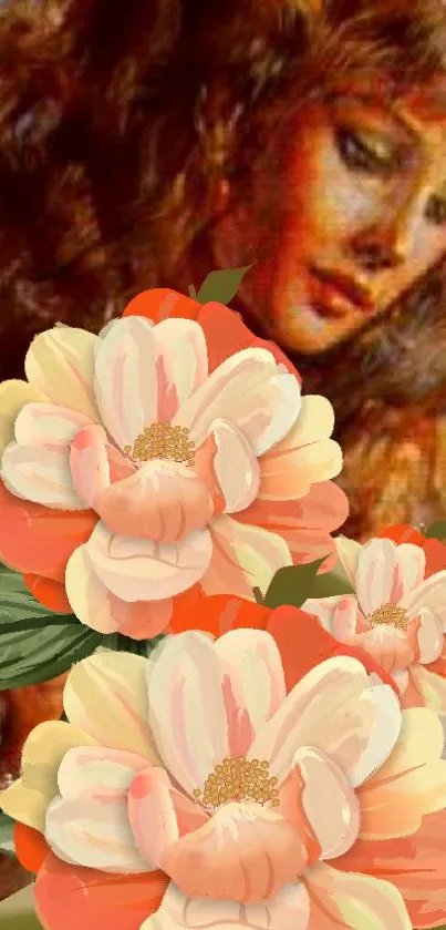 Vintage floral artwork with flowers and portrait on mobile wallpaper.