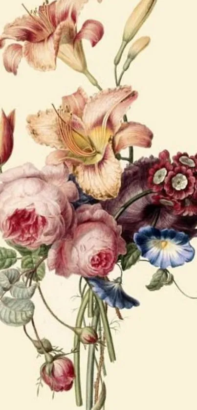 Elegant vintage floral wallpaper with pinks and blues.