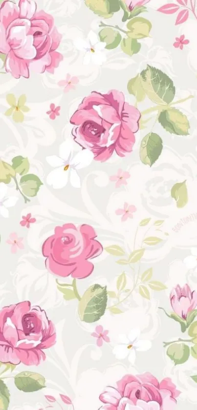 Vintage floral wallpaper with pink roses.