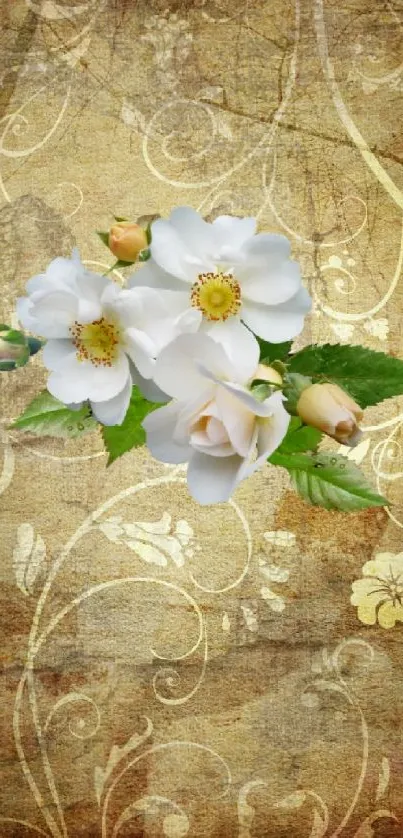 A vintage floral wallpaper with white flowers on a golden textured background.