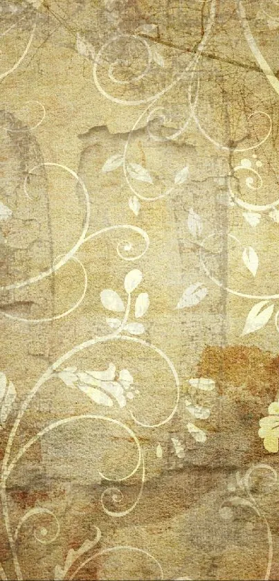 Vintage floral wallpaper with beige tones and intricate patterns.