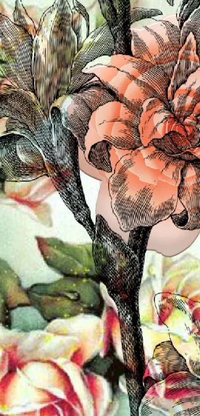 Vintage floral phone wallpaper with artistic peach blooms and botanical details.