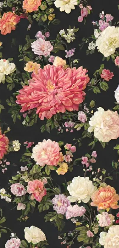 Vintage floral wallpaper with pink, orange, and cream blossoms on black background.