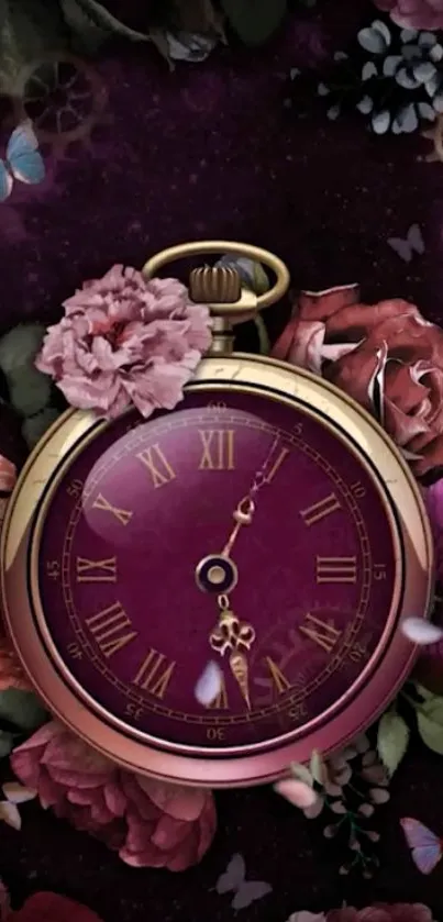 Vintage pocket watch with floral design and butterflies on a purple background.