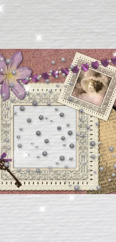 Vintage scrapbook wallpaper with floral and pearl accents.