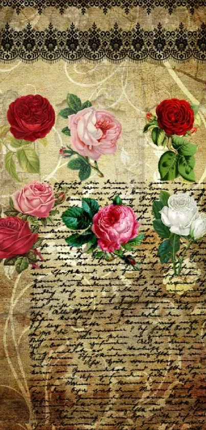 Vintage floral wallpaper with roses and script.