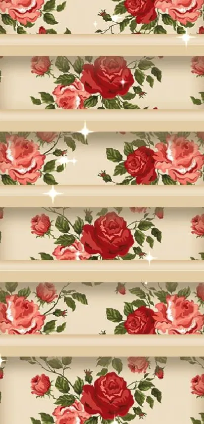 Vintage floral wallpaper with rose designs and beige shelves.