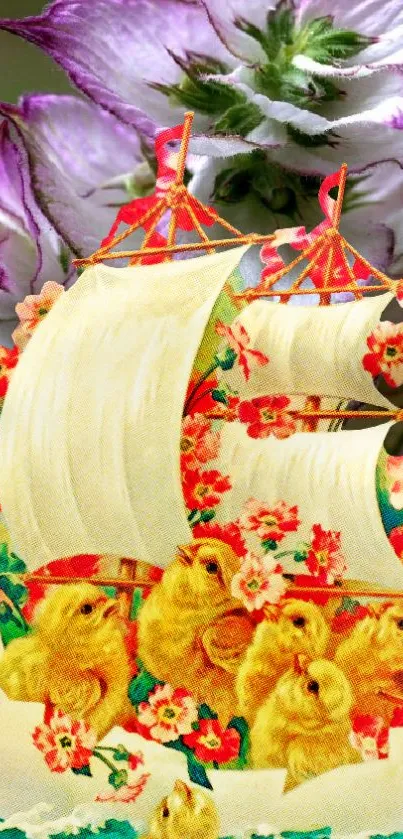 Vintage ship with floral sails and yellow chicks on a purple background.