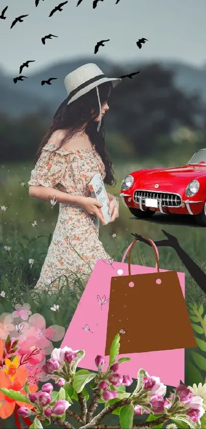 Vintage summer wallpaper with floral, birds, and classic car.
