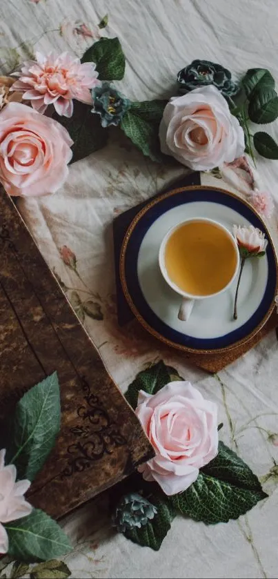 Vintage floral wallpaper with pink roses and tea setup.