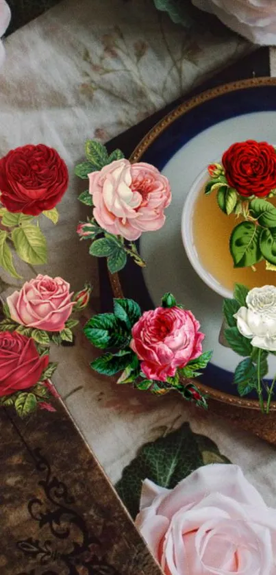 Vintage roses and tea cup on delicate wallpaper.