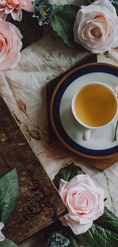 Vintage floral wallpaper with roses and a teacup.