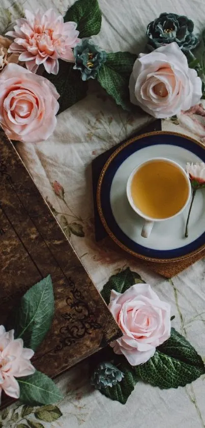 Vintage floral wallpaper with tea and roses.