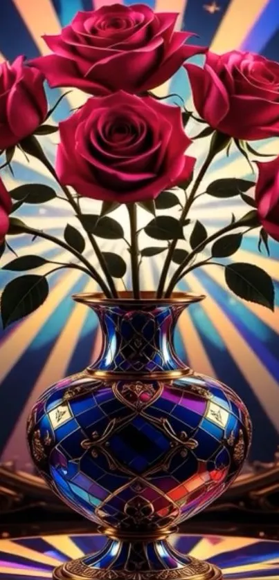 Floral vase with red roses against a colorful artistic background.