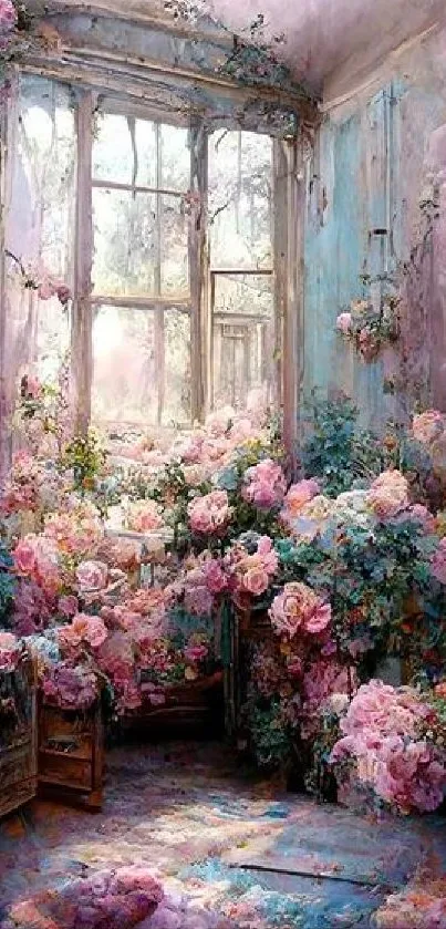 Vintage window with pink roses blooming inside a rustic room.