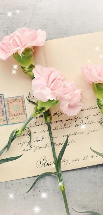 Vintage wallpaper with pink carnations and an old letter, elegant and serene.