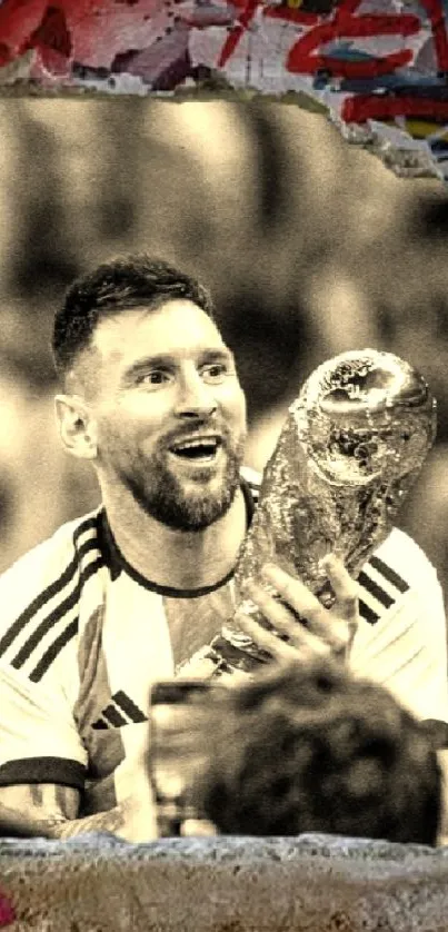 Vintage football player holding trophy with graffiti backdrop.