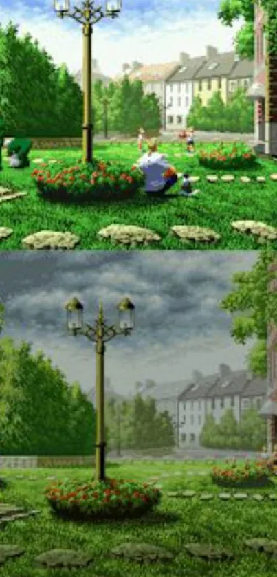 Vintage game landscape pixel art with lamp post and changing skies.