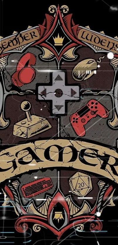 Vintage gamer emblem wallpaper with gaming symbols and black background.