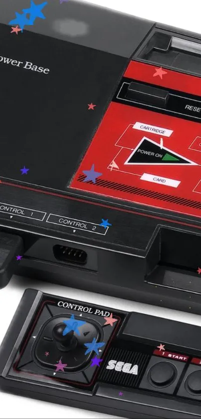 Vintage gaming console with a red and black design, featuring a control pad.