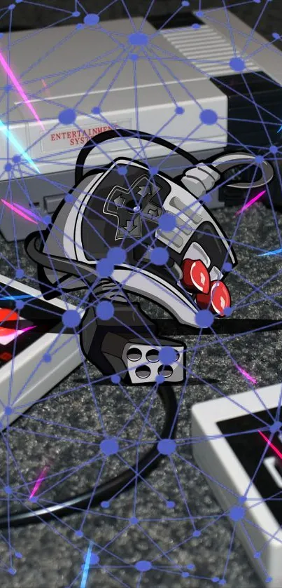 Vintage gaming console with classic controllers on a dark surface.