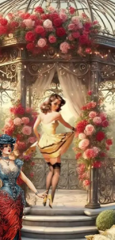 Elegant women in a vintage rose garden setting.