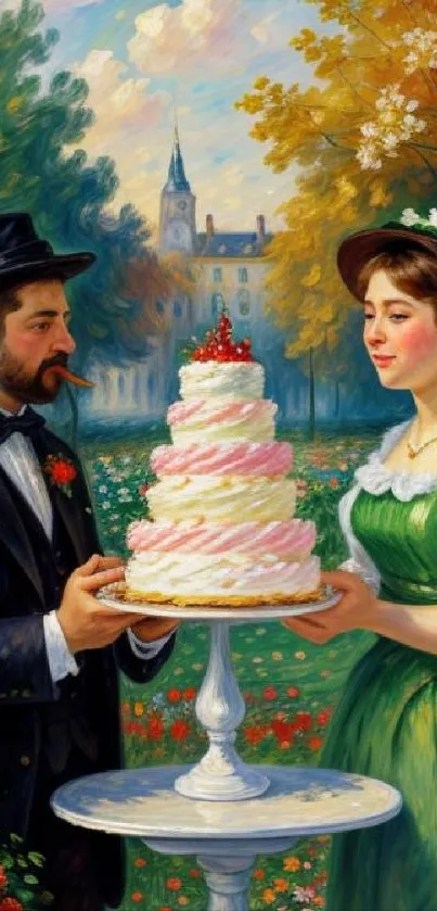 Victorian couple with a cake in a garden setting.